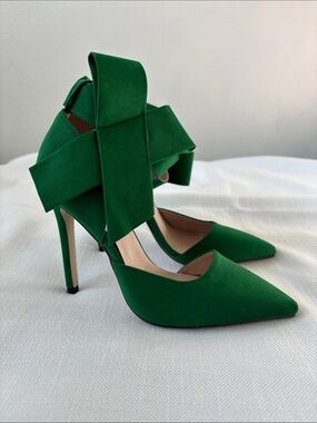 Emerald Green Pointed-Toe Bow Ankle Wrap Stiletto Heels